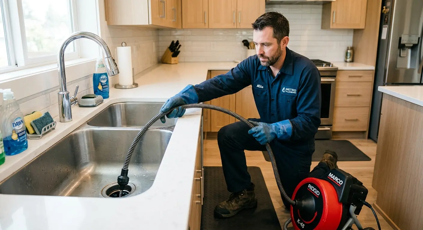 Drain cleaning technician using a motorized snake on a kitchen sink in Marilla