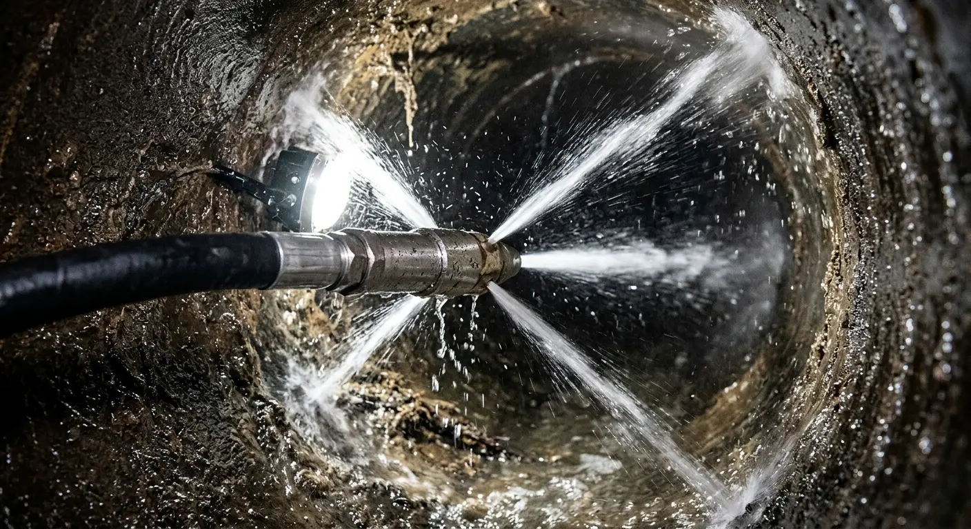 High-pressure hydro jetting nozzle cleaning sewer pipe for Sewer Cleanout in Marilla