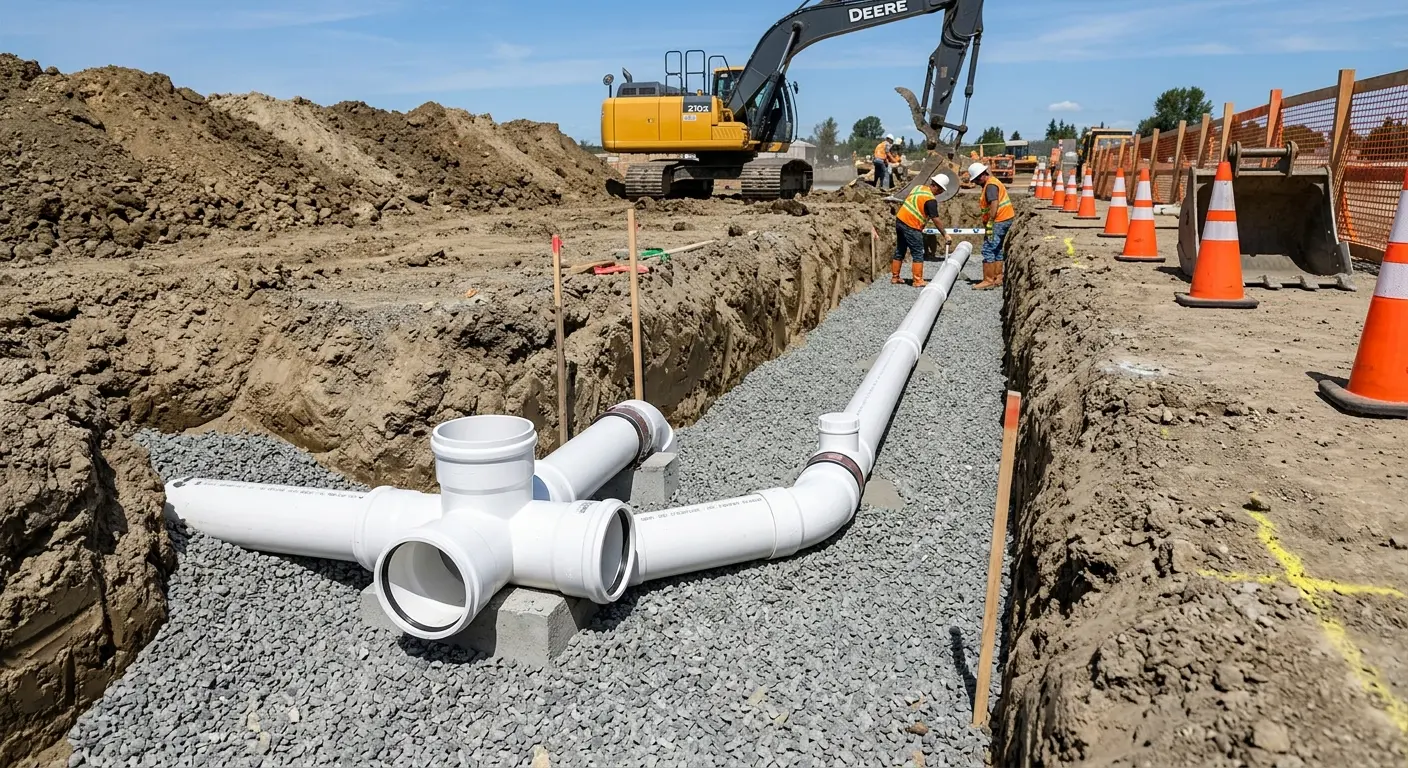 New PVC sewer pipe installation in open trench for Commercial Drain Cleaning in Marilla