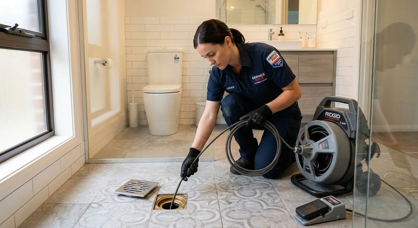 Technician clearing a bathroom floor drain for Hydro Jetting in Marilla
